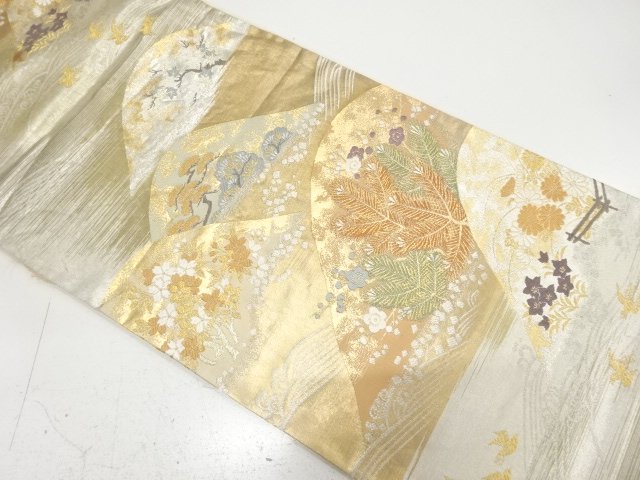 アンティーク　蒔絵箔　山並に若松・枝梅・桜模様織り出し袋帯（材料）